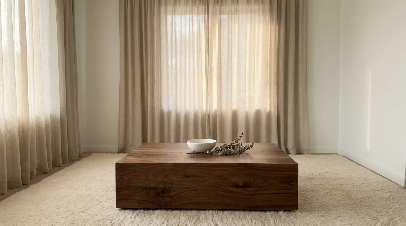 A tranquil room with oatmeal curtains, a dark chocolate wood table, and soft cream textures.