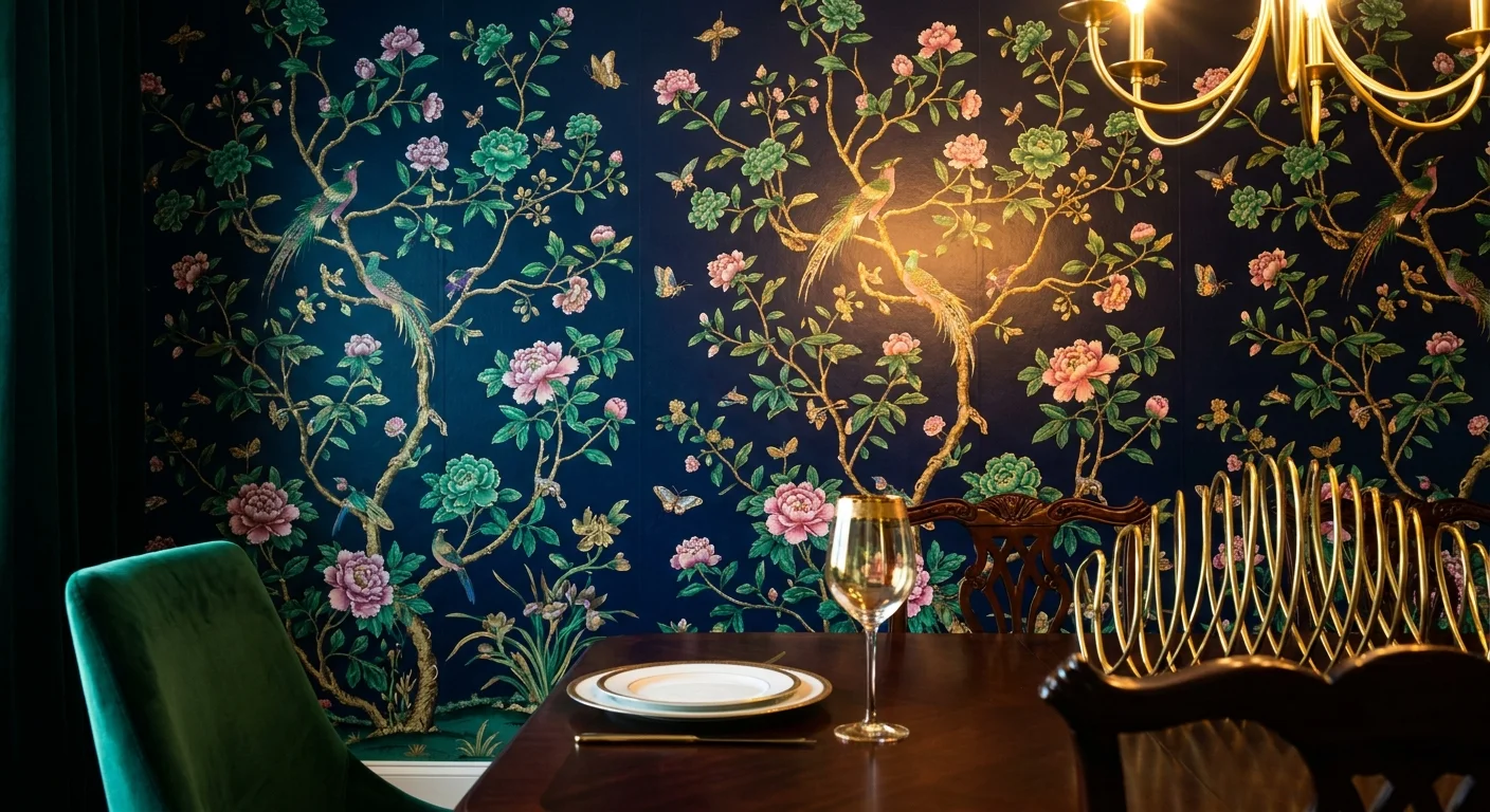 A vibrant navy Chinoiserie wallpaper with floral and bird motifs in a formal dining room setting.