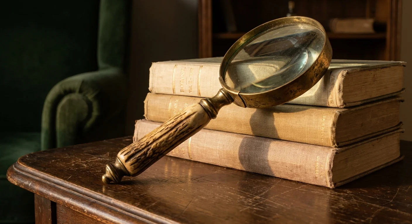 A vintage brass magnifying glass resting on old linen books, illustrating the use of curated, historical accents.