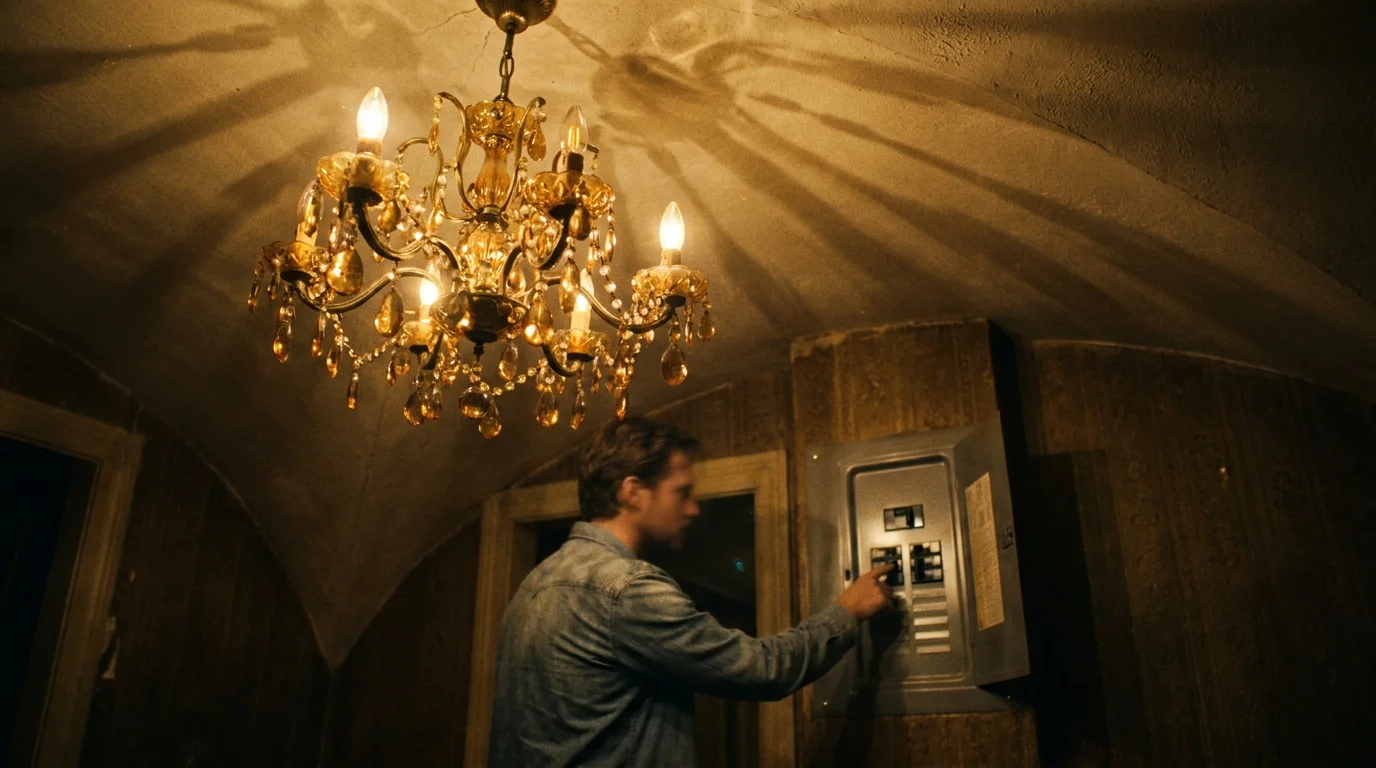 A vintage chandelier lit up in a dark room with a circuit breaker panel visible in the background.