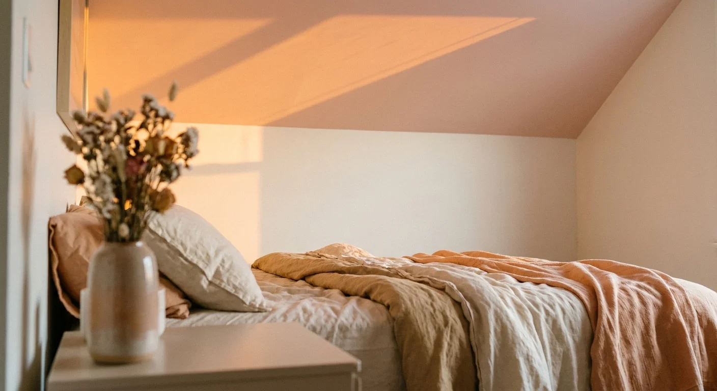 A warm bedroom with a pale blush pink ceiling catching the soft orange light of sunset, creating a cozy glow.