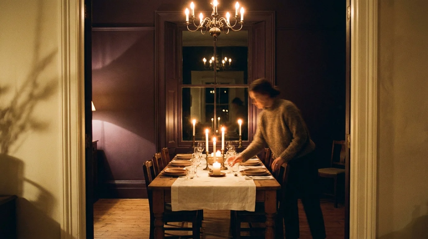 A warm, candlelit formal dining room with deep purple walls and a wooden table being set for a small gathering.
