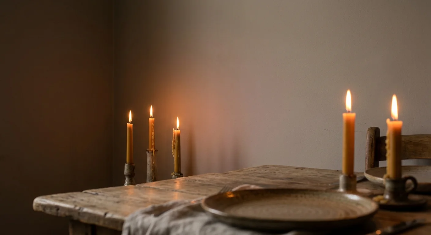 A warm gray wall in a dining room illuminated by the soft, golden glow of candlelight.