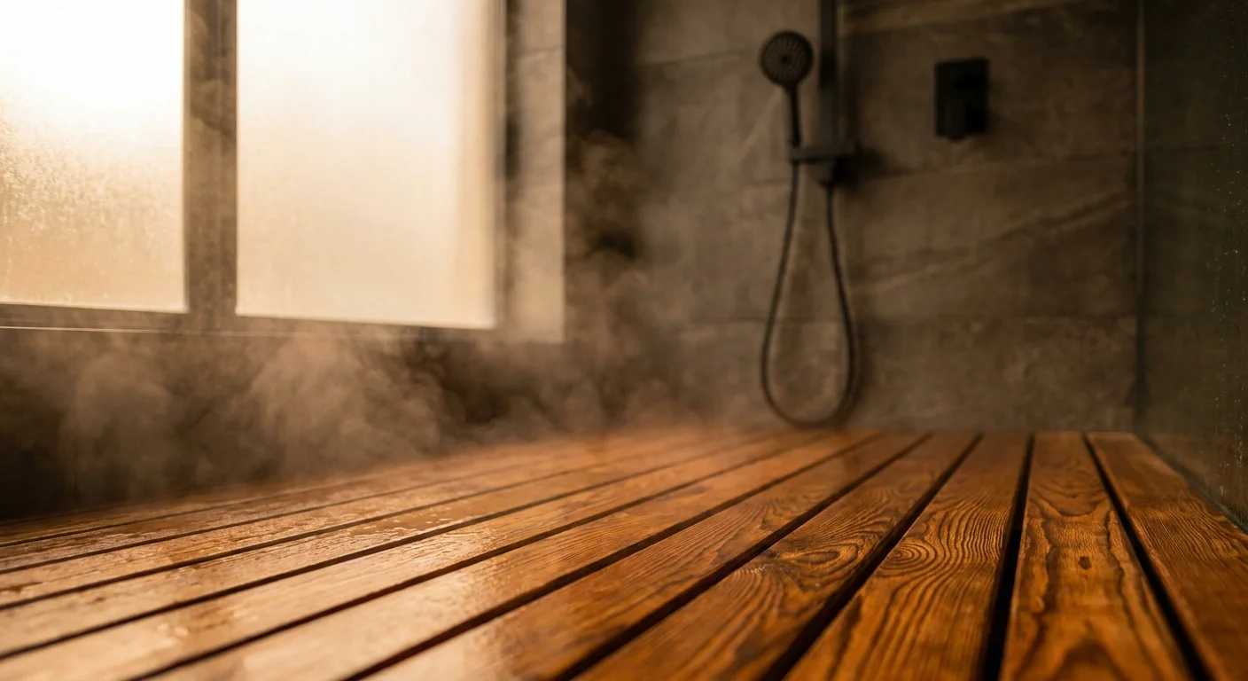 A warm, steamy bathroom featuring amber-colored wooden floor slats in a modern walk-in shower.