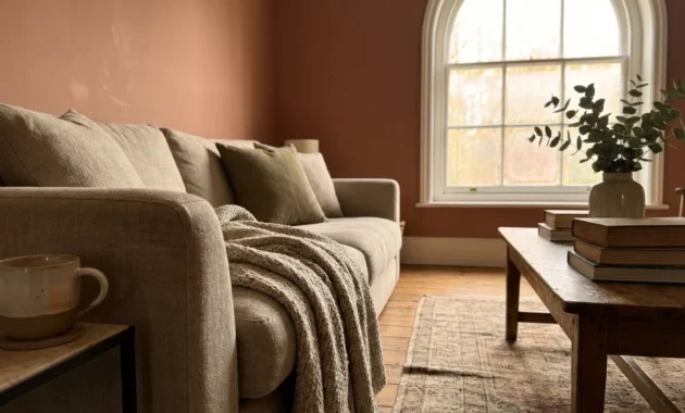 A warm, sunlit living room featuring a textured throw blanket, a wooden coffee table with vintage books, and a terracotta-colored wall.