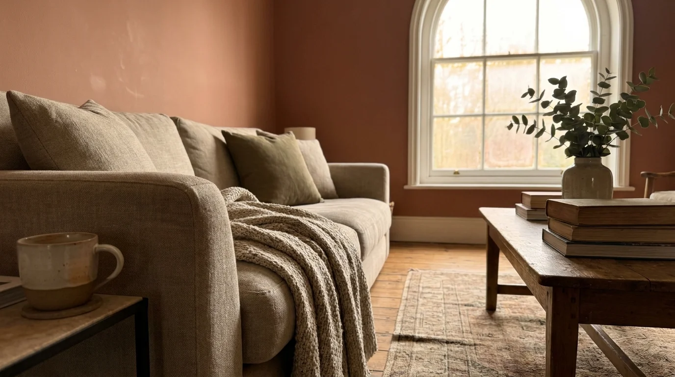 A warm, sunlit living room featuring a textured throw blanket, a wooden coffee table with vintage books, and a terracotta-colored wall.