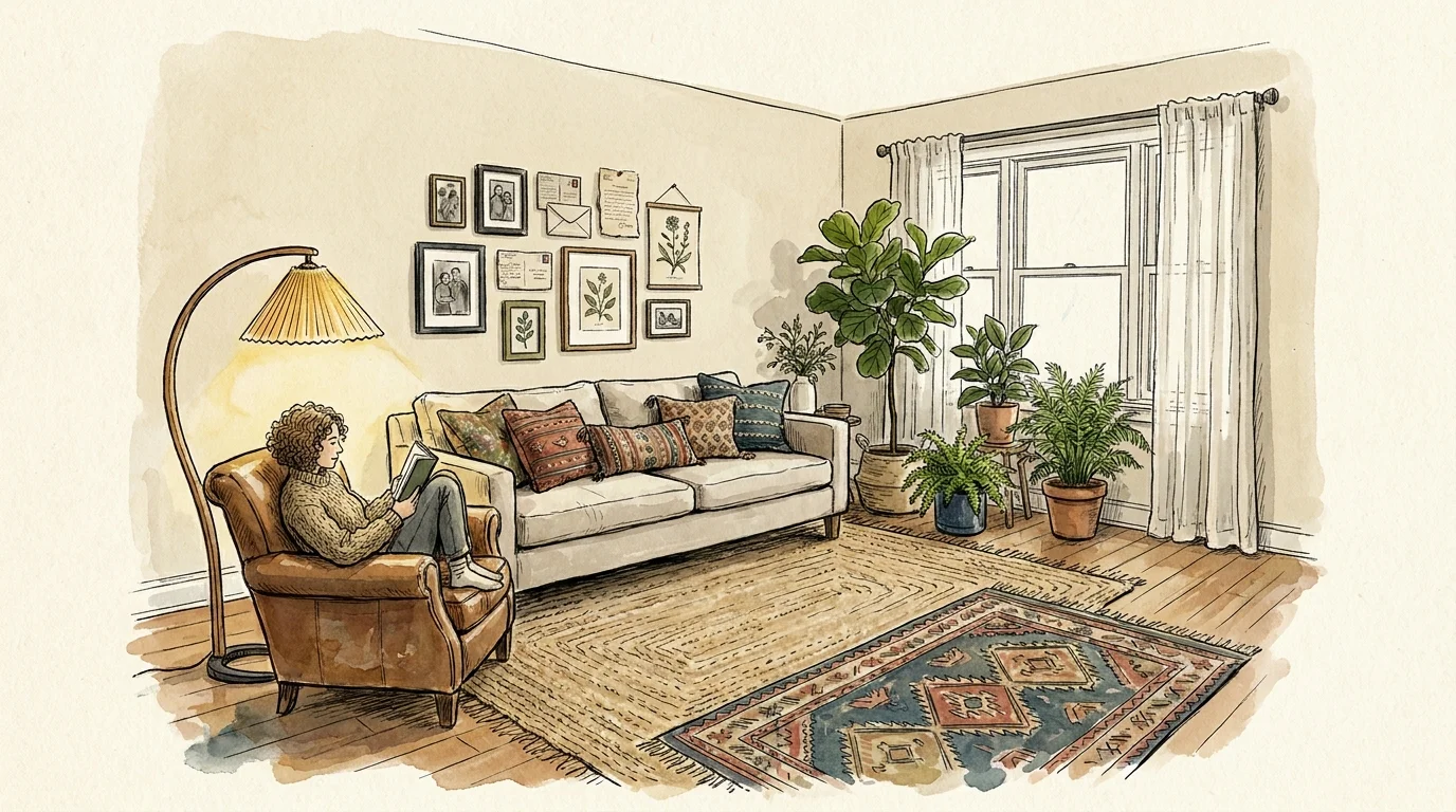 A watercolor illustration of a complete, cozy living room that combines all the design trends into a cohesive, inviting space.
