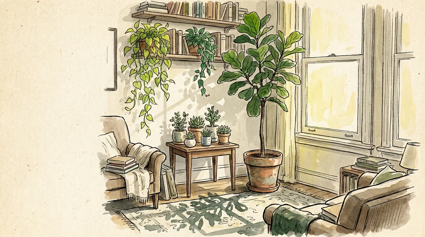 A watercolor illustration of a sunny living room corner filled with various indoor plants, including a tree and trailing vines.