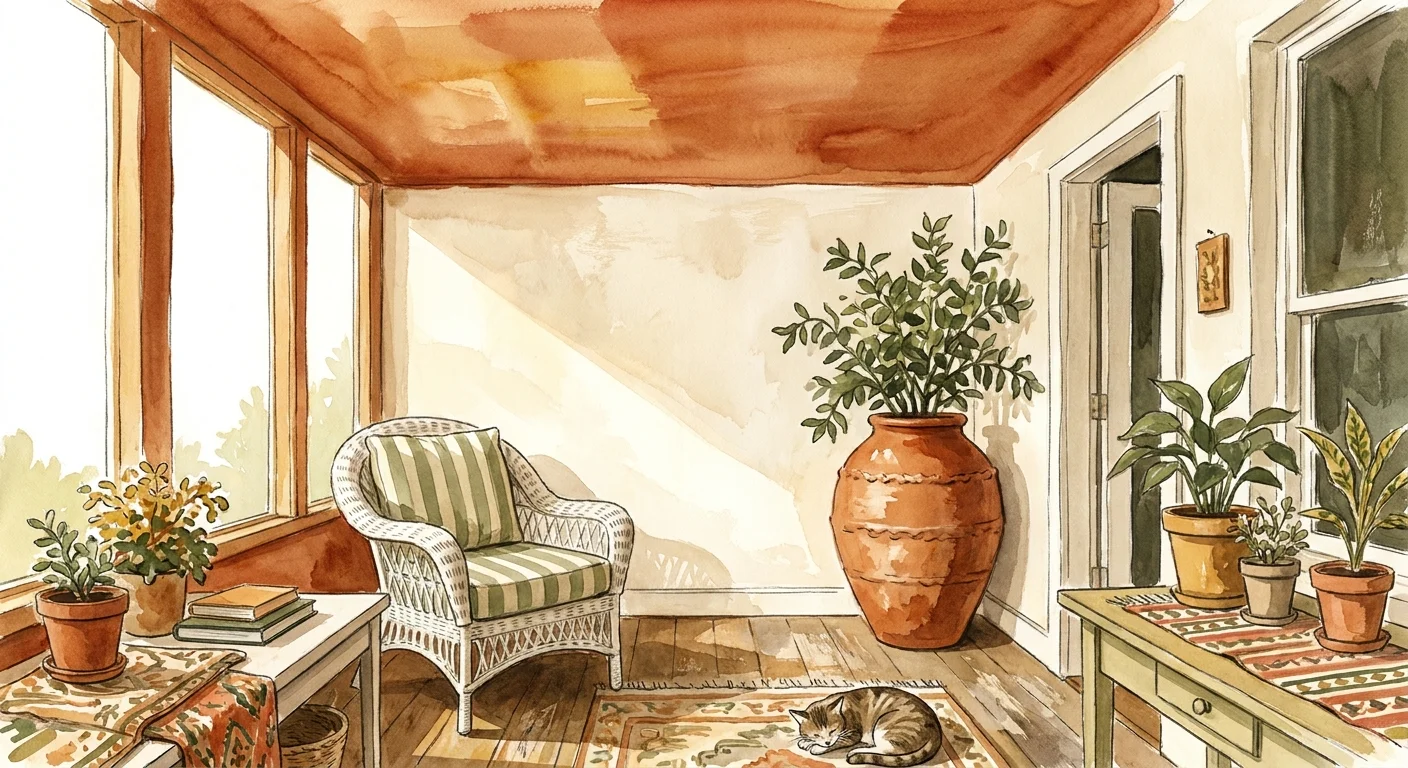 A watercolor illustration of a sunroom with a warm terracotta ceiling, wicker furniture, and potted plants.