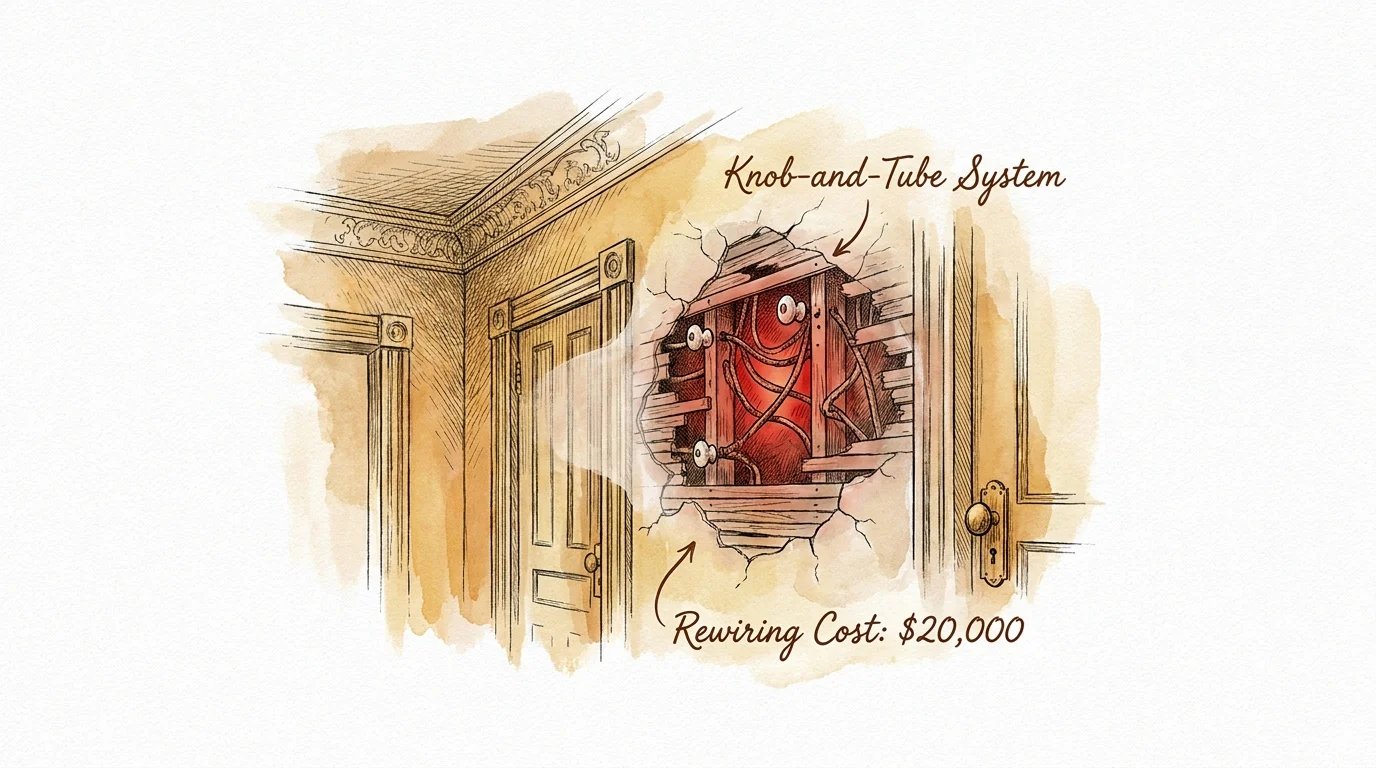 A watercolor illustration of a Victorian room with an x-ray view of old knob-and-tube wiring behind the walls.