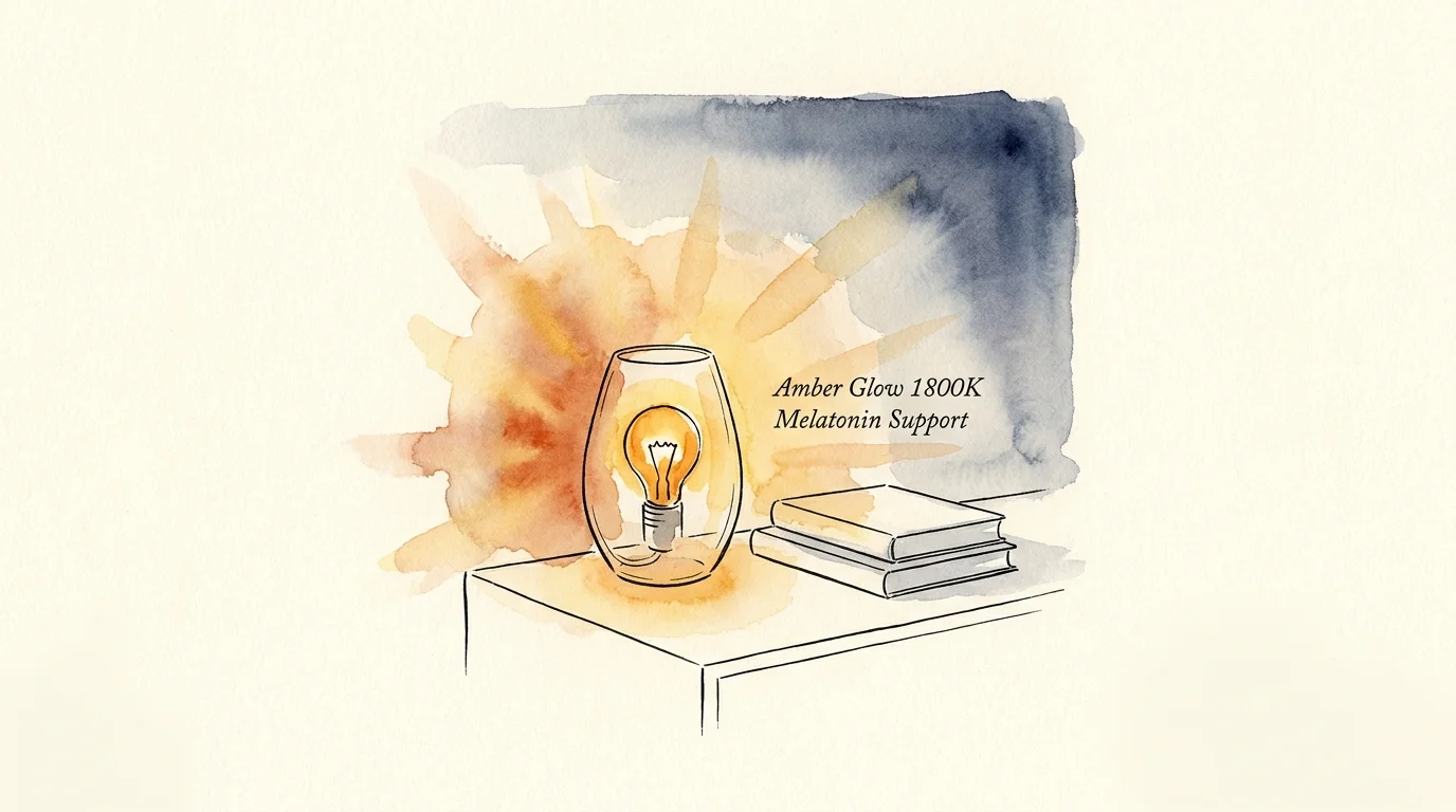 A watercolor illustration of a warm amber bulb glowing against a dark blue background with text labels for amber glow and melatonin support.