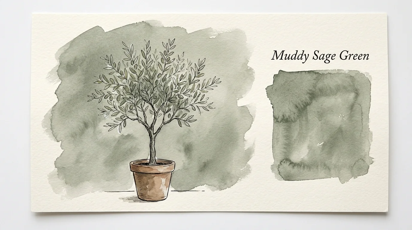 A watercolor illustration of an olive tree against a muddy sage green background with a labeled color swatch.