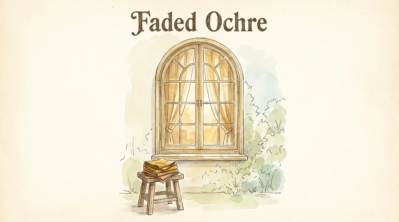 A watercolor illustration of faded ochre curtains in a sunny window, evoking a sense of nostalgic warmth.