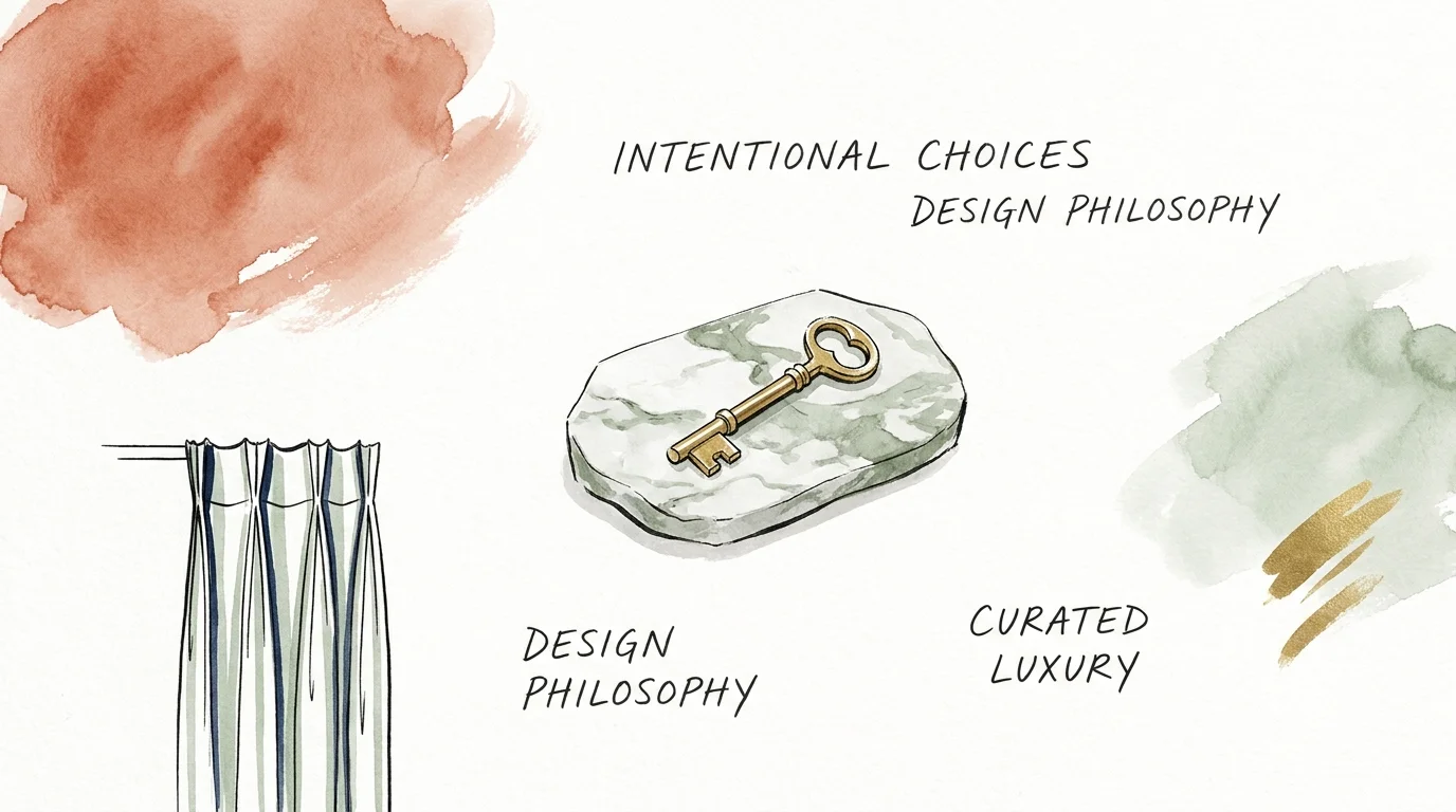 A watercolor mood board showing snippets of drapes, molding, stone, and color, representing a unified design vision.