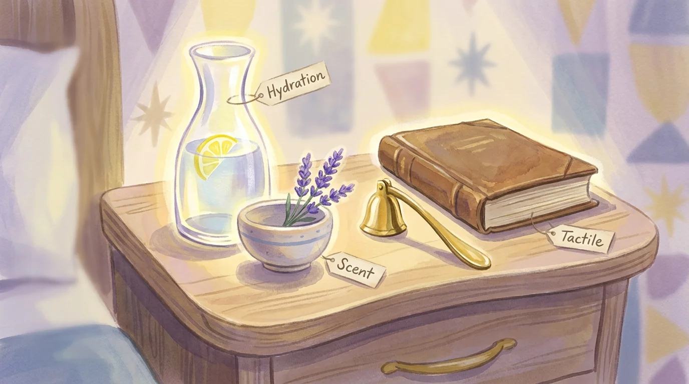 A watercolor painting of a bedside table with a water carafe, a lavender bowl, and a candle snuffer.