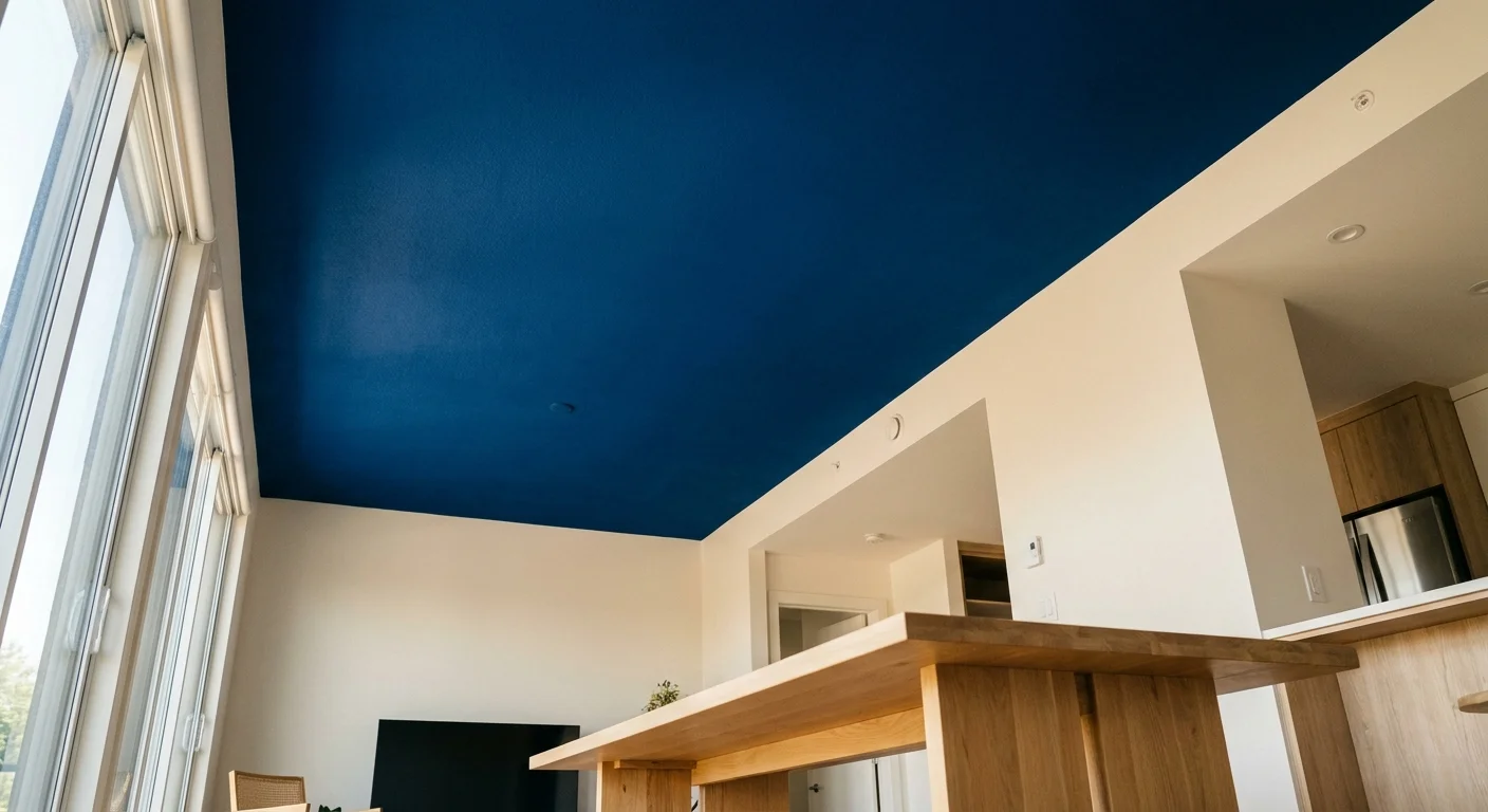 A wide-angle photo of a modern room with a striking deep blue ceiling, white walls, and natural wood furniture under soft daylight.