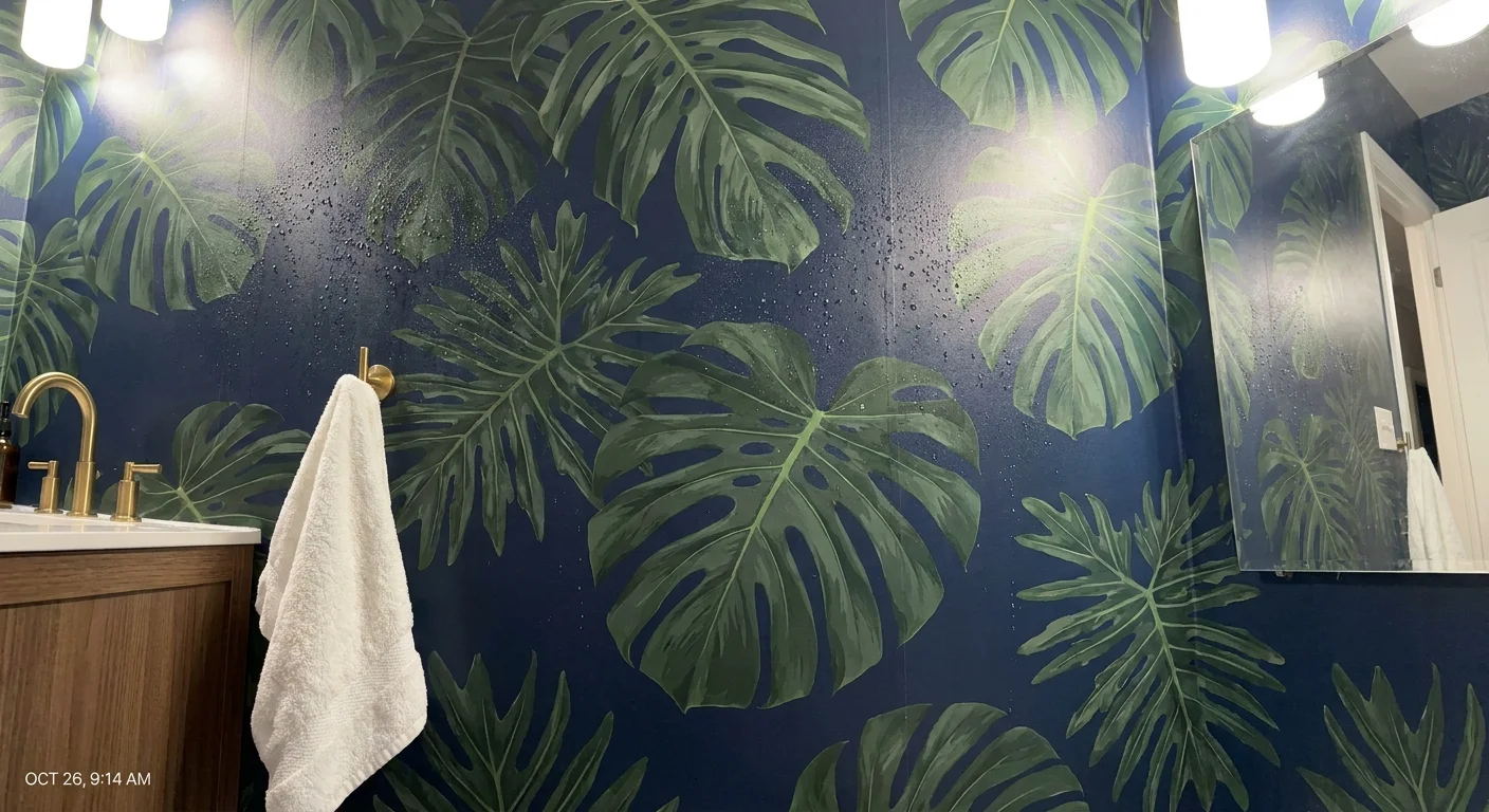 A wide-angle photo of waterproof floral wallpaper in a bathroom, showing water beads on the leaf-patterned surface.