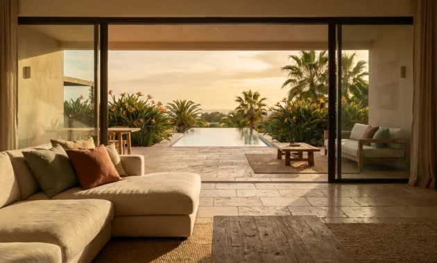A wide-angle view of a luxury home featuring indoor-outdoor flow with travertine floors, floor-to-ceiling glass doors, and lush greenery.