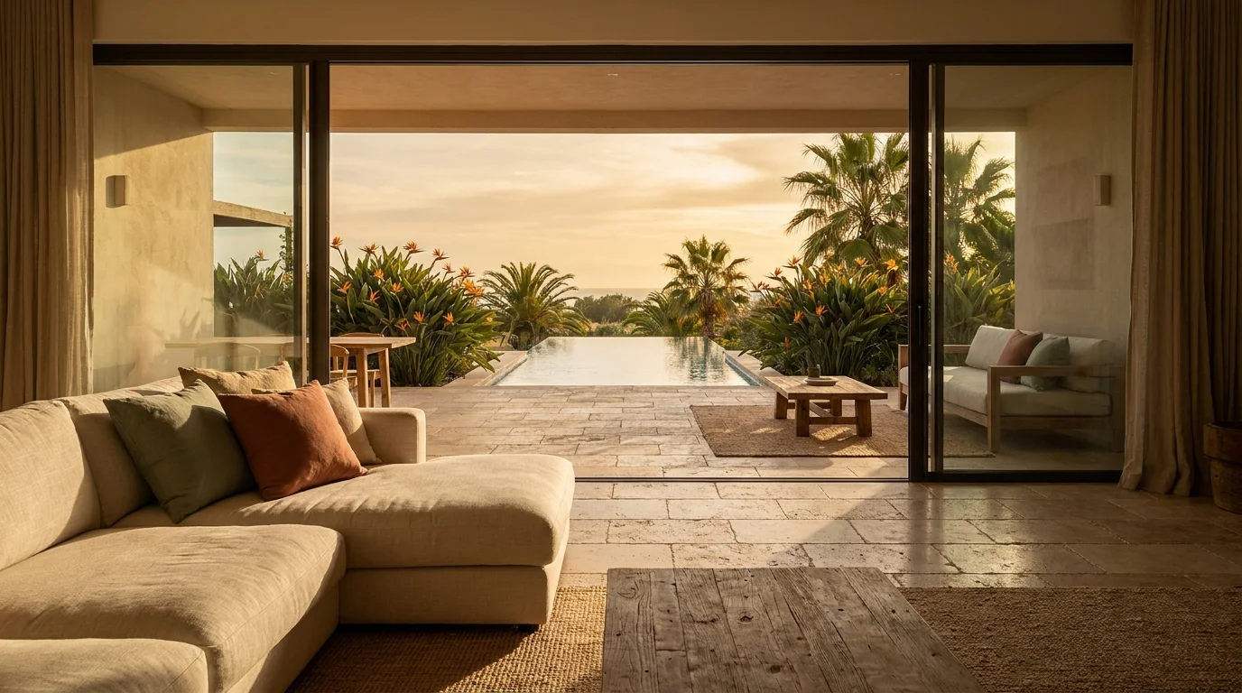 A wide-angle view of a luxury home featuring indoor-outdoor flow with travertine floors, floor-to-ceiling glass doors, and lush greenery.