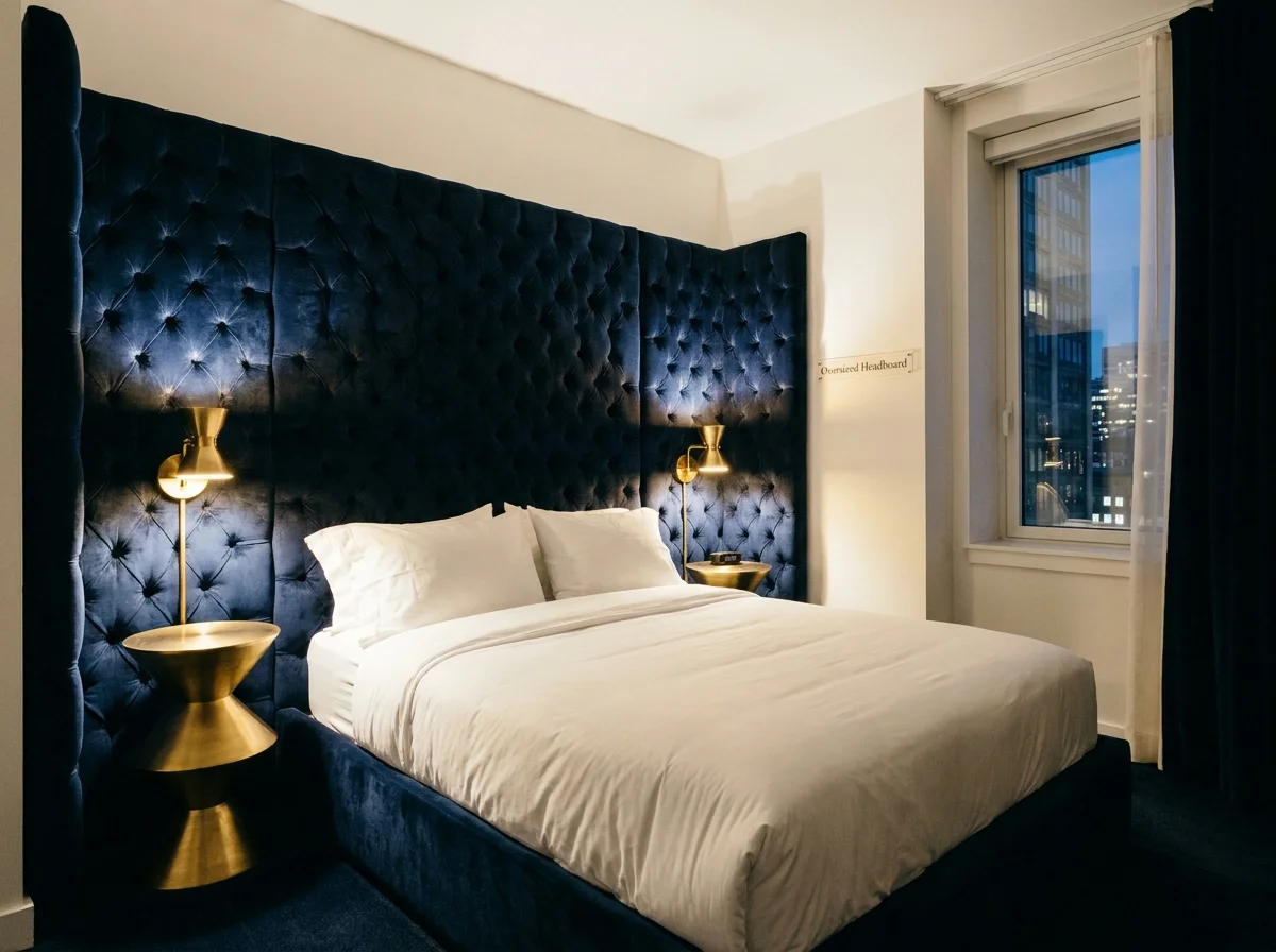 A wide shot of a bedroom featuring a massive floor-to-ceiling navy velvet headboard that spans the width of the wall.