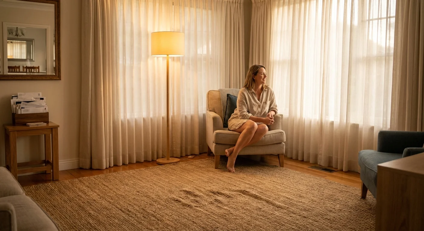A woman enjoying a bright, airy living room that uses smart design choices to feel spacious and inviting.