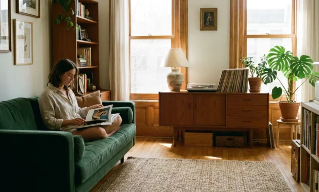 A woman sits on a green velvet sofa in a living room filled with vintage furniture, natural wood floors, and a large houseplant.