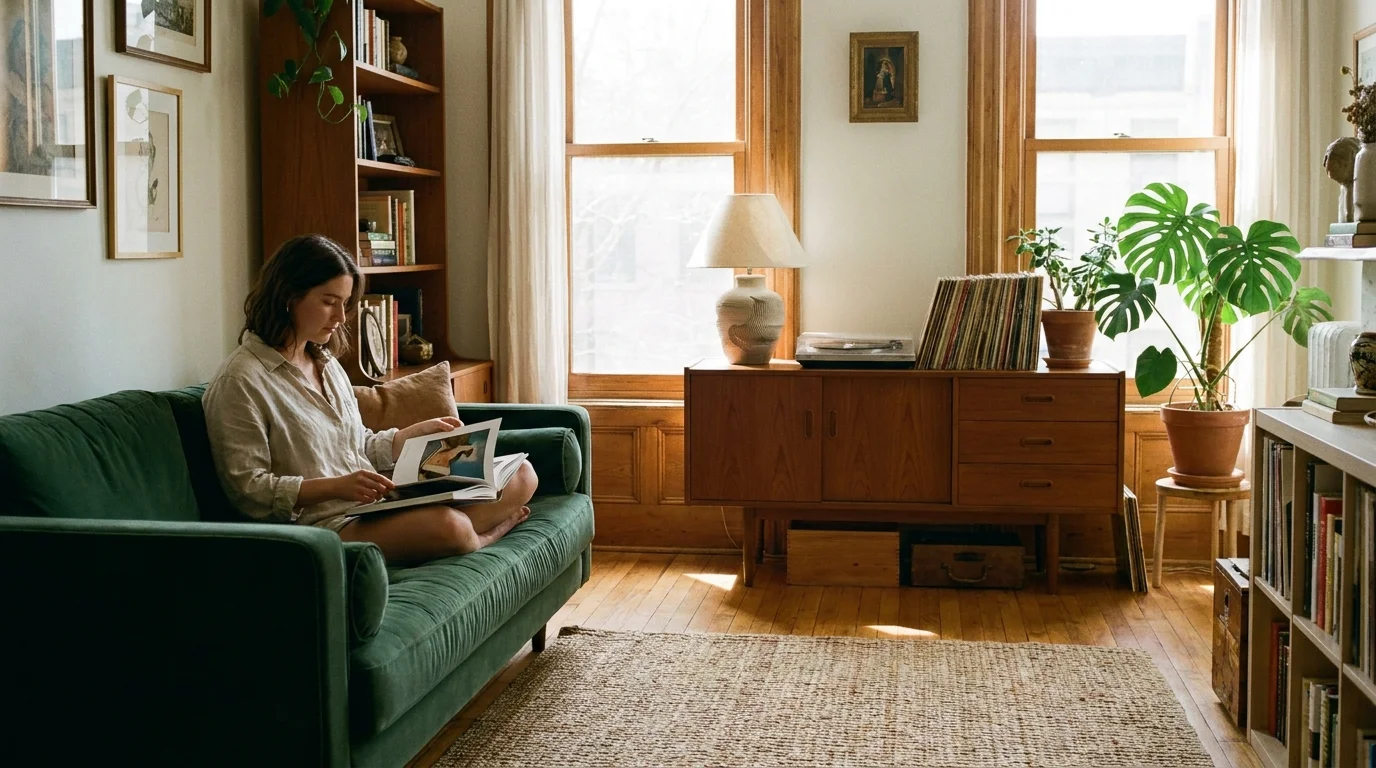 A woman sits on a green velvet sofa in a living room filled with vintage furniture, natural wood floors, and a large houseplant.