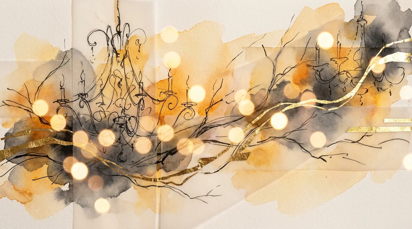 Abstract artwork using gold leaf, watercolor, and ink to represent the warmth and form of artisanal lighting.