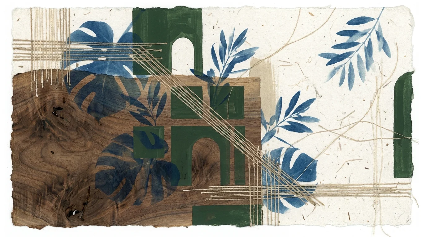 Abstract collage of wood grain, leaf silhouettes, and linen textures representing sophisticated biophilic design.