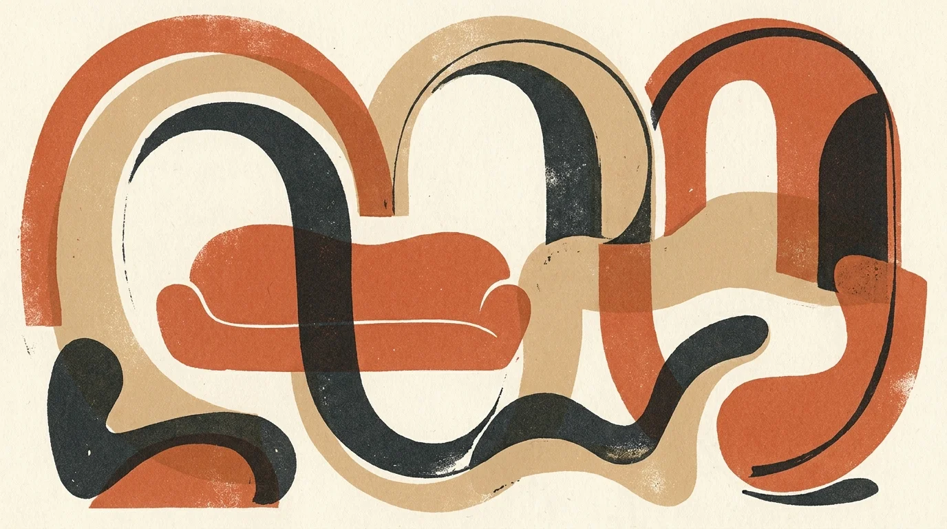 Abstract screenprint of overlapping organic curves and fluid shapes in earthy terracotta and charcoal tones.