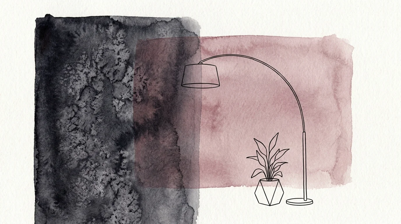 Abstract watercolor fields of dusty rose and deep charcoal with a minimalist lamp drawing.