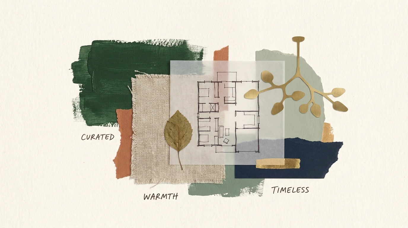 An abstract collage of fabric swatches, paint chips, and furniture sketches representing a curated and timeless home design.