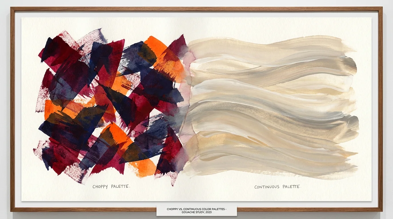 An abstract painting showing choppy, dark colors on one side and a smooth, monochromatic flow on the other.