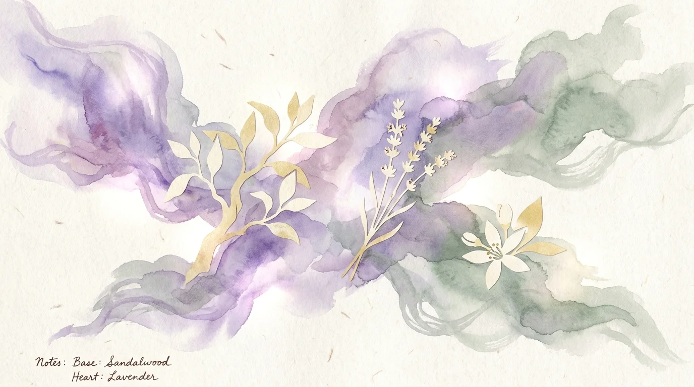 An abstract watercolor and cut-paper composition visualizing scent with botanical shapes and soft clouds of color.