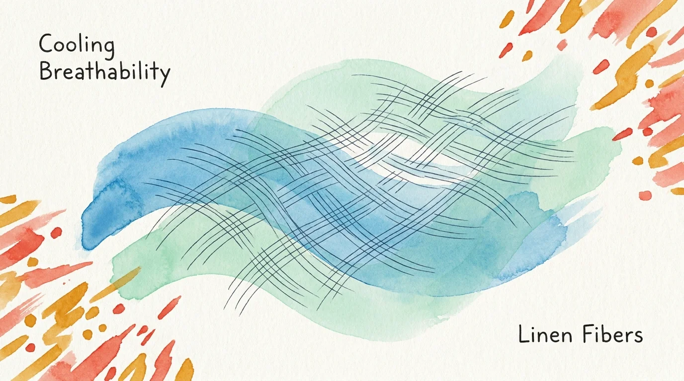 An abstract watercolor using cool blues and greens to represent the breathability and cooling properties of linen bedding.