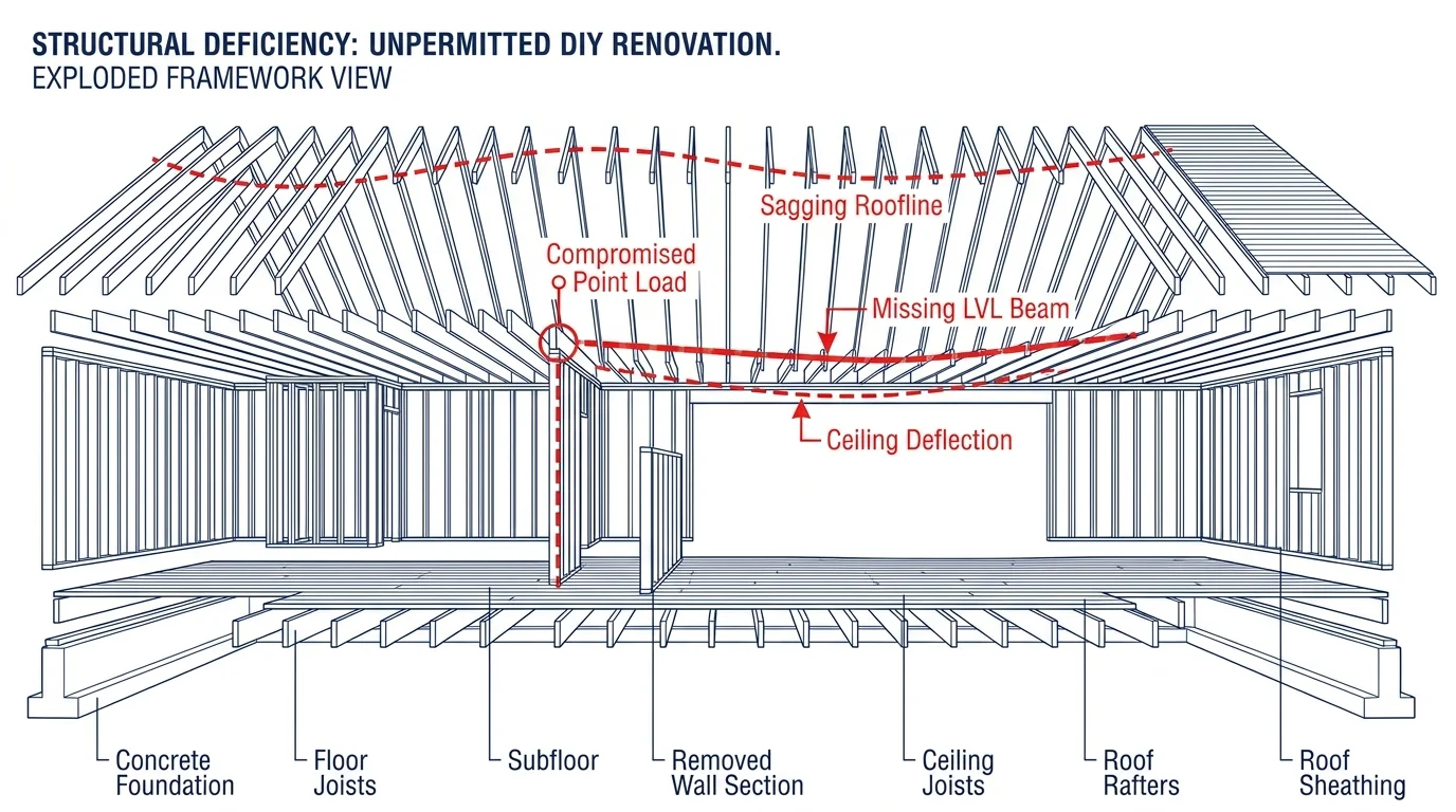 An architectural diagram of an open-concept room showing where a missing support beam causes a sagging roofline.