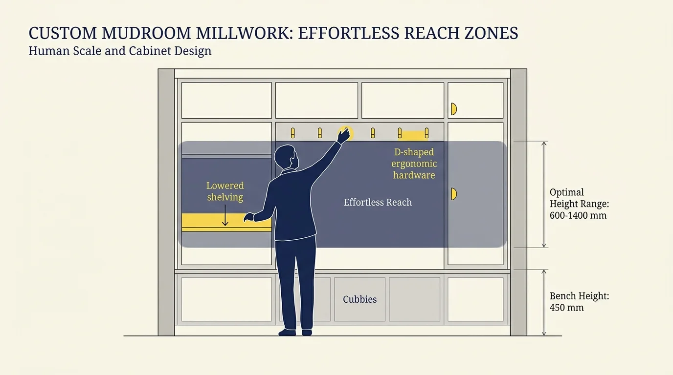 An architectural diagram showing mudroom cabinetry designed for easy reach, featuring D-shaped hardware and lowered shelves.