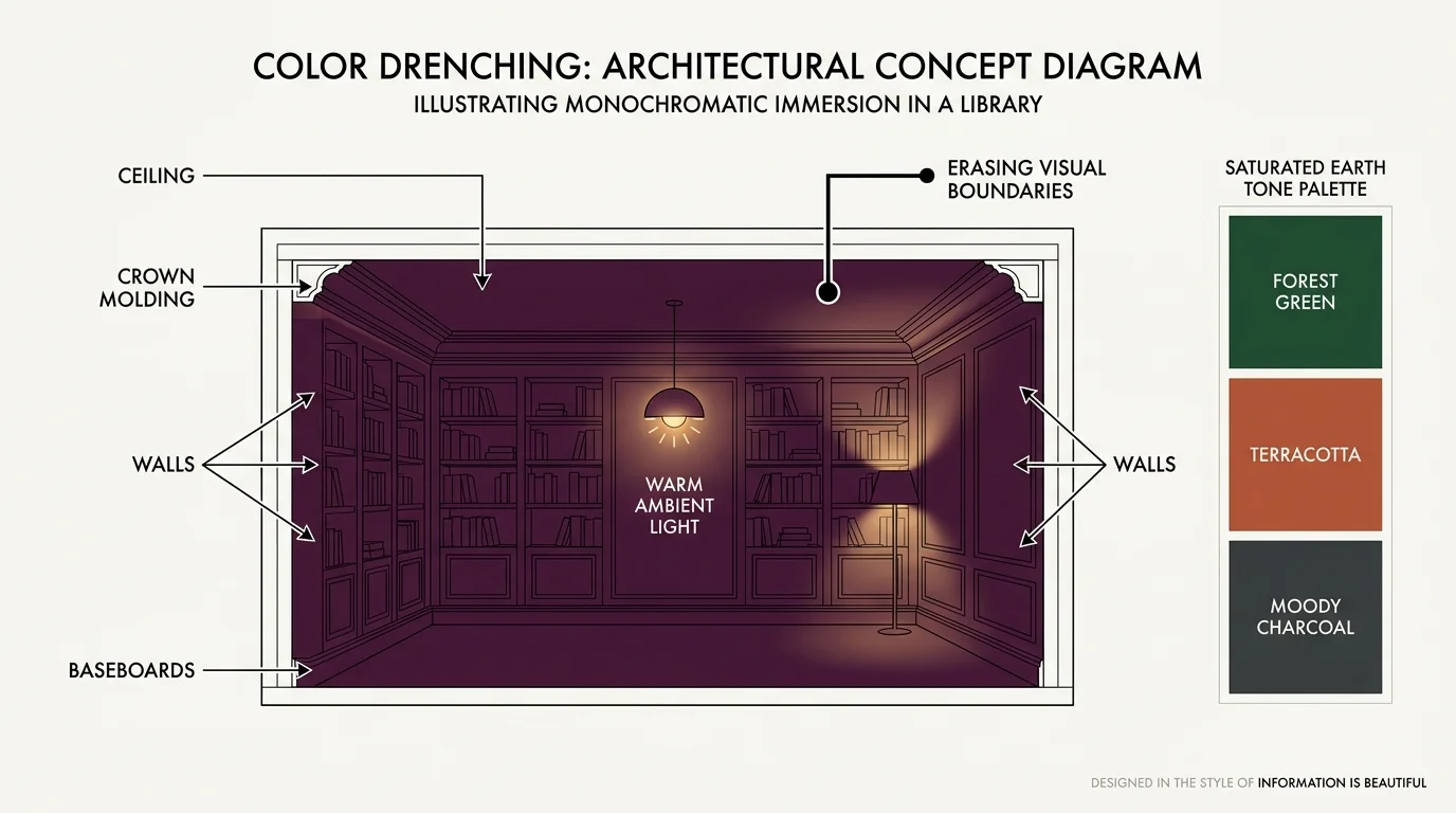 An architectural diagram showing the 'Color Drenching' technique where walls, ceiling, and trim are painted in one deep aubergine hue.