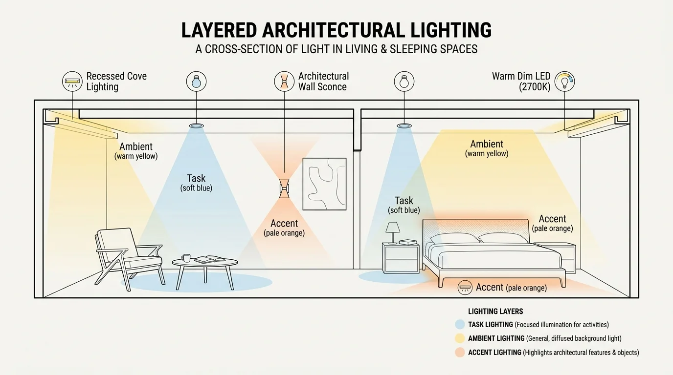 An architectural diagram showing the three layers of lighting: Task, Ambient, and Accent in a luxury home.
