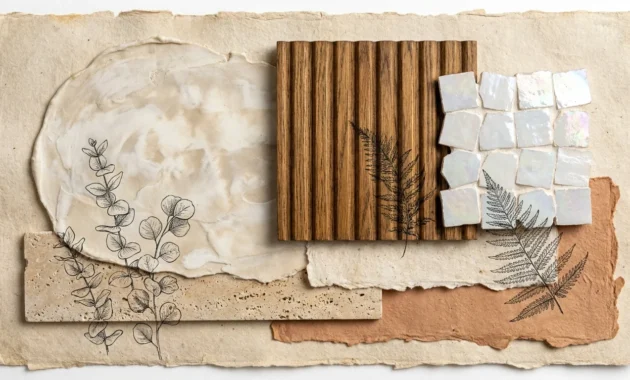 An artistic collage of various bathroom materials including ribbed wood, plaster, and tiles in a soothing spa-like color palette.