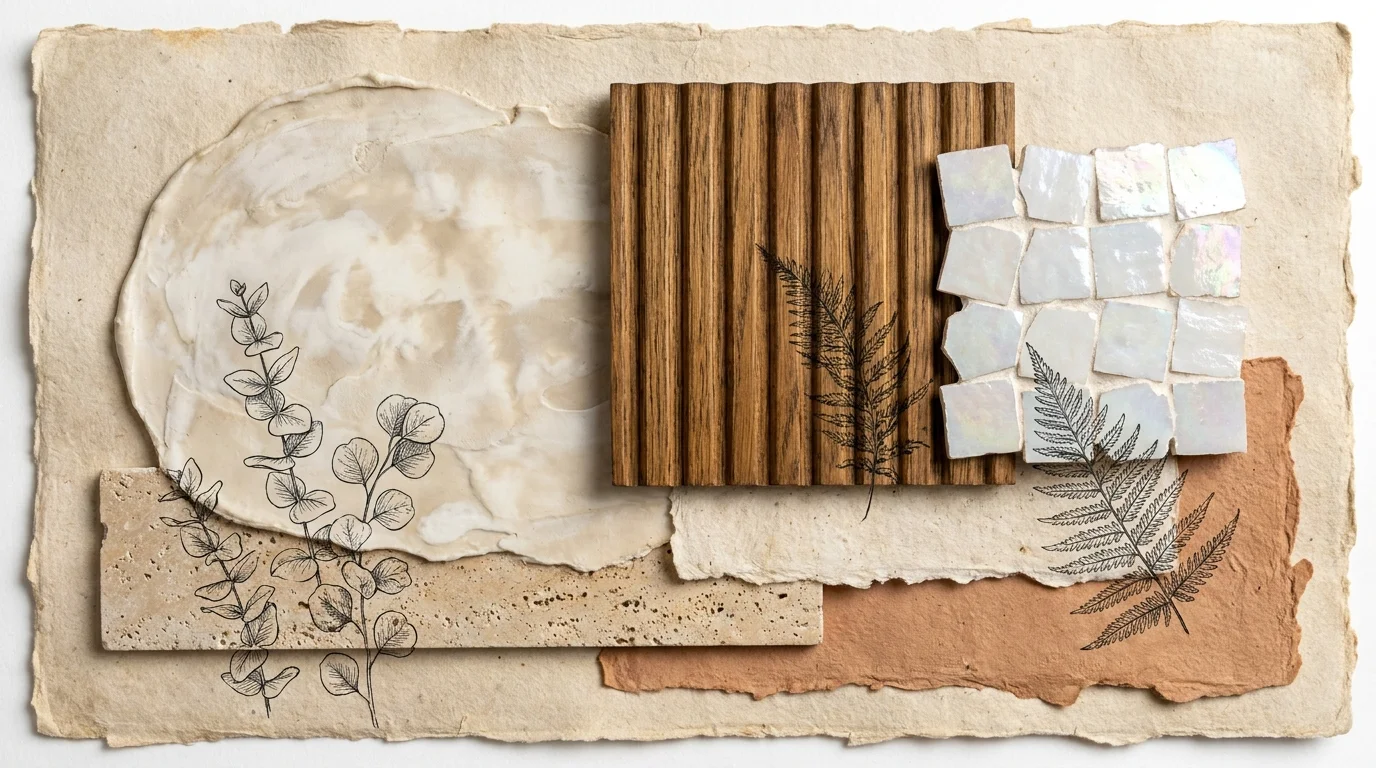 An artistic collage of various bathroom materials including ribbed wood, plaster, and tiles in a soothing spa-like color palette.
