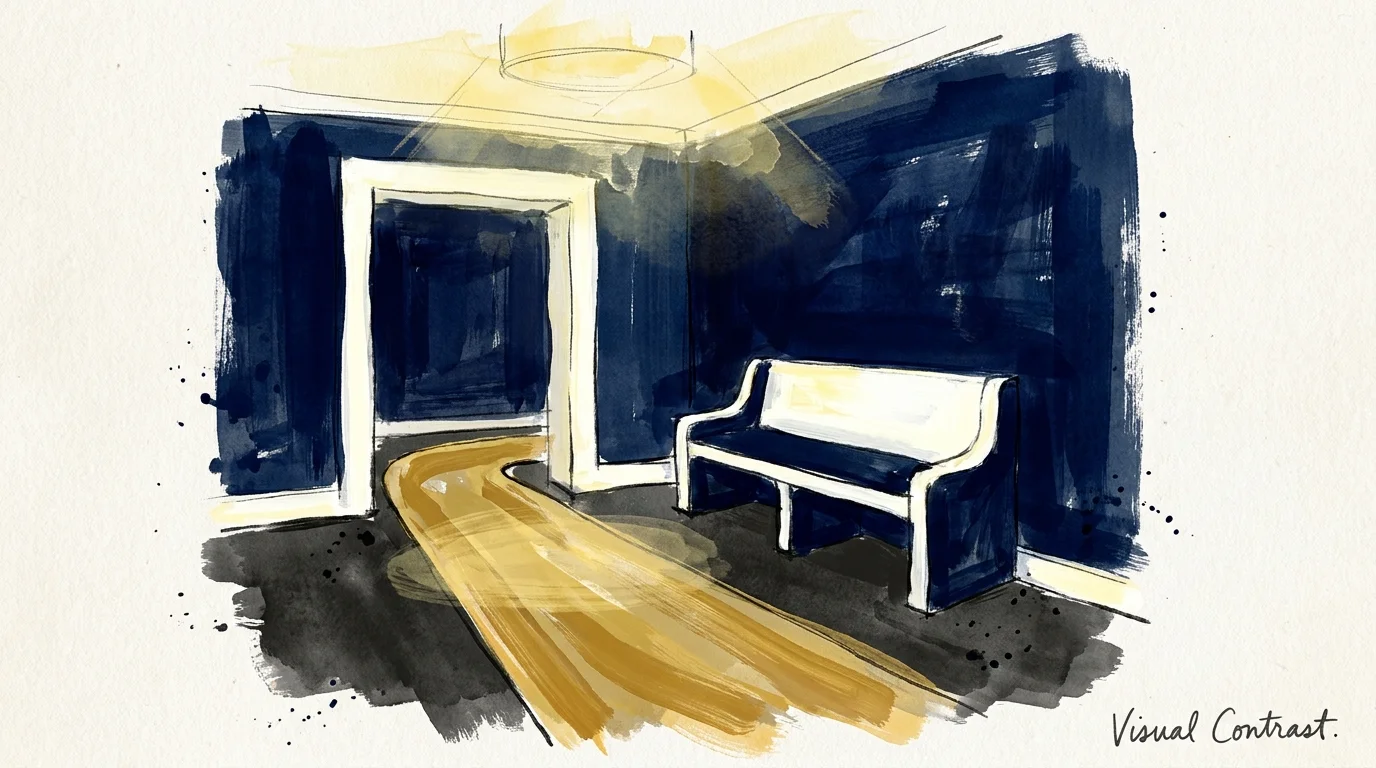 An artistic gouache illustration showing high-contrast colors between walls and door frames to improve visibility for seniors.