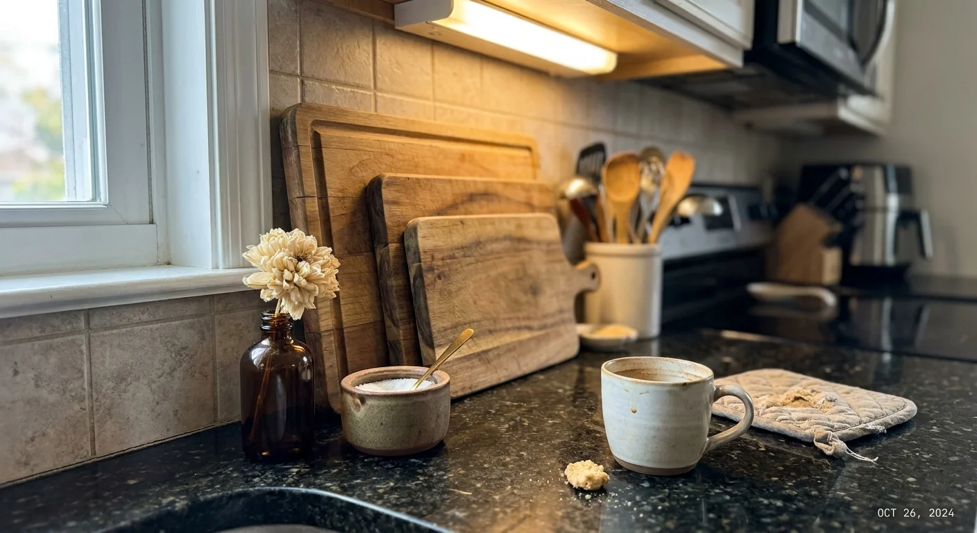 An authentic, unposed photo of kitchen decor including wooden cutting boards, an amber bottle, and a ceramic salt cellar.