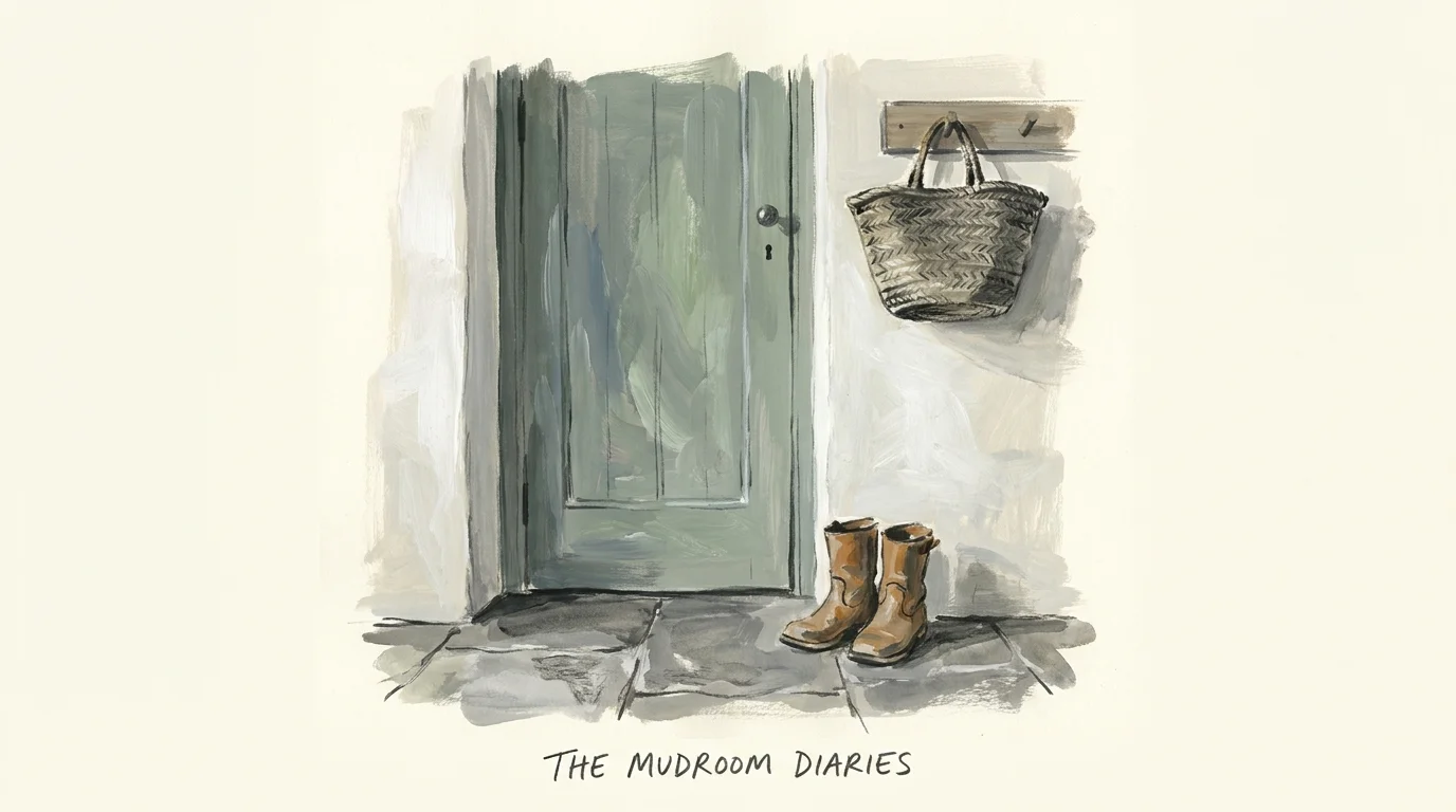 An editorial illustration of a green-gray door in a mudroom with stone floors and a woven basket.