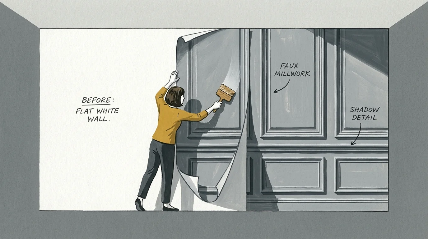 An editorial illustration showing a wallpaper that creates a 3D faux millwork effect on a previously flat wall.