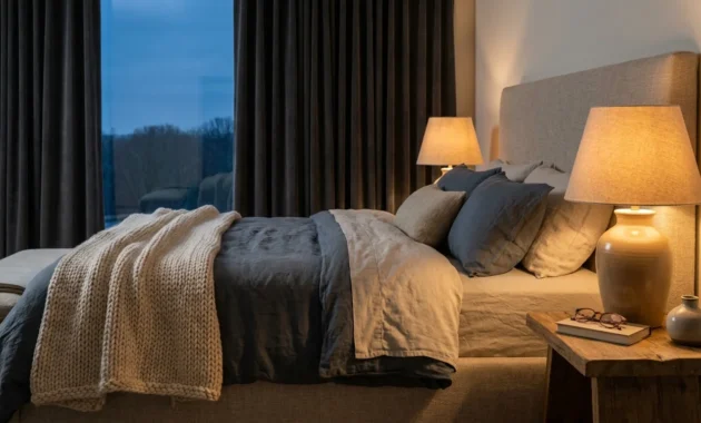 An elegant bedroom at dusk with warm amber lighting, a chunky knit throw, and velvet curtains, embodying a peaceful sleep sanctuary.