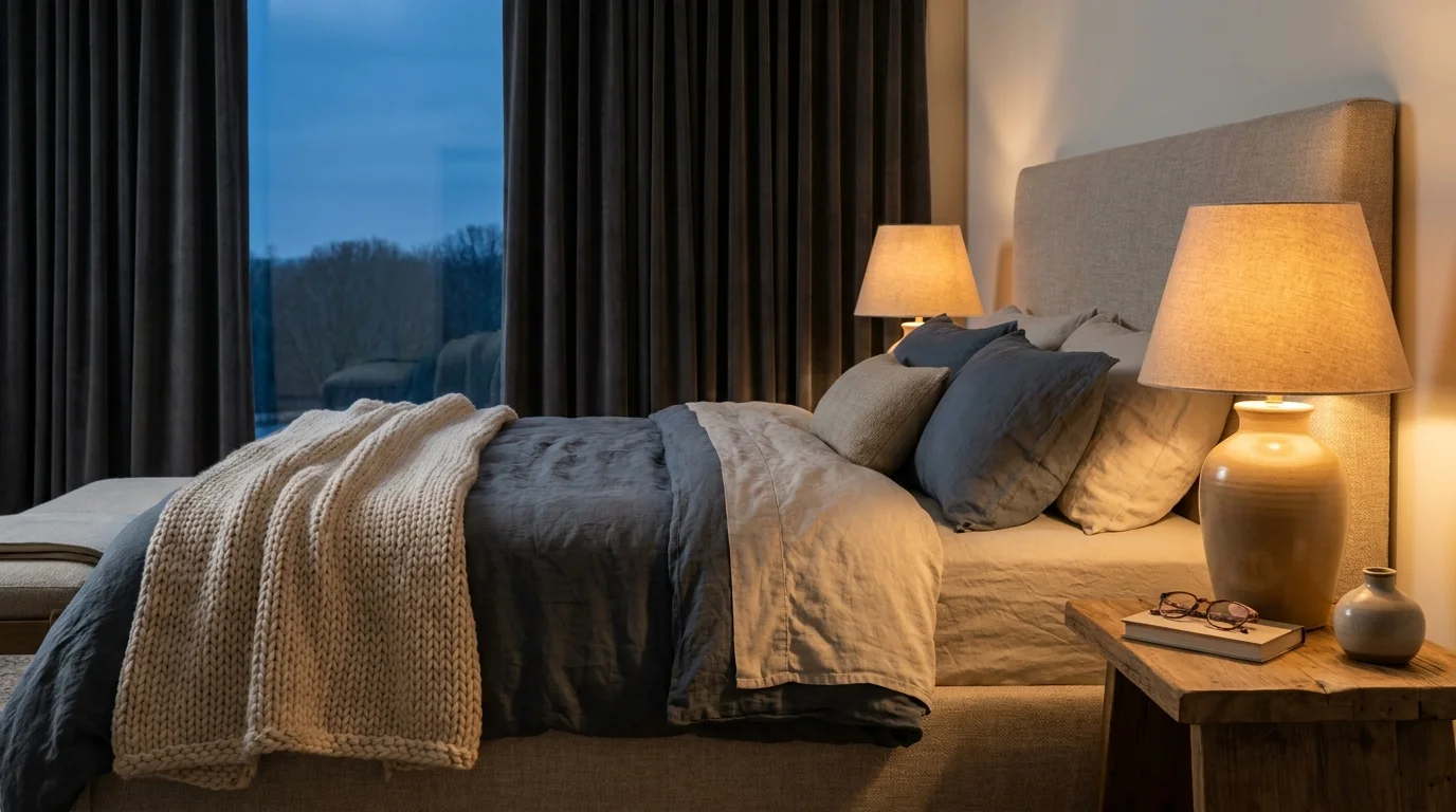 An elegant bedroom at dusk with warm amber lighting, a chunky knit throw, and velvet curtains, embodying a peaceful sleep sanctuary.