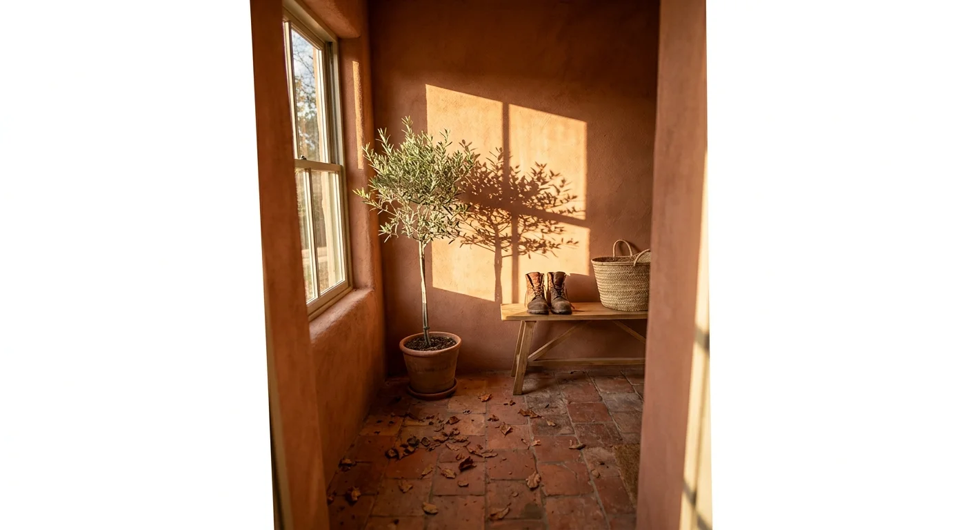 An entryway with earthy terracotta walls, clay floor tiles, and a wooden bench in the afternoon sun.
