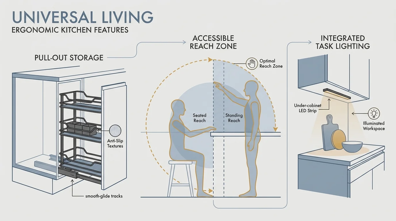 An ergonomic kitchen diagram showing pull-out storage, reach zones, and task lighting for universal accessibility.