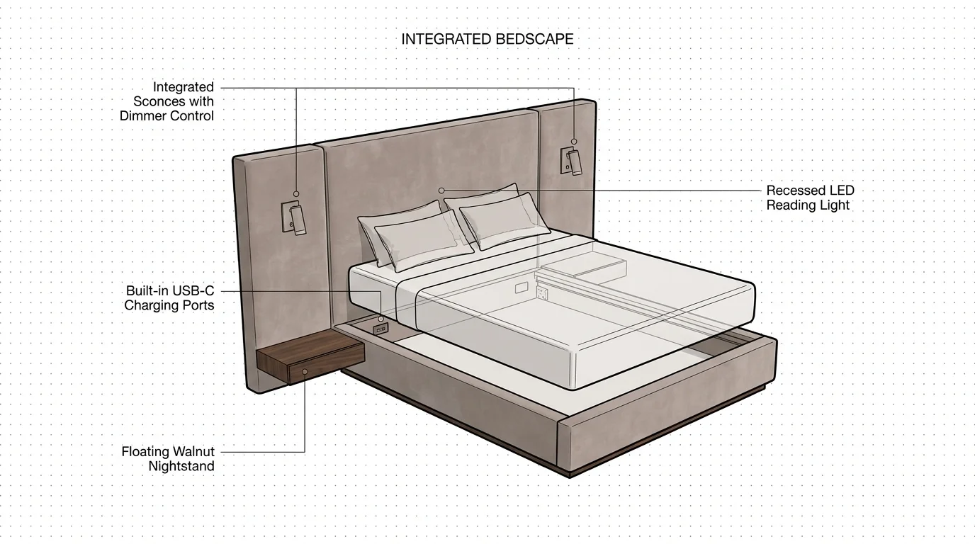 An exploded view diagram of a bed with an integrated headboard showing built-in lights, charging ports, and nightstands.